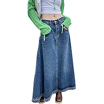 【Anyone more】Uli Vintage Washed Denim Long Skirt Amazon.com: Vintage Denim Long Skirt with Brushed Edge and